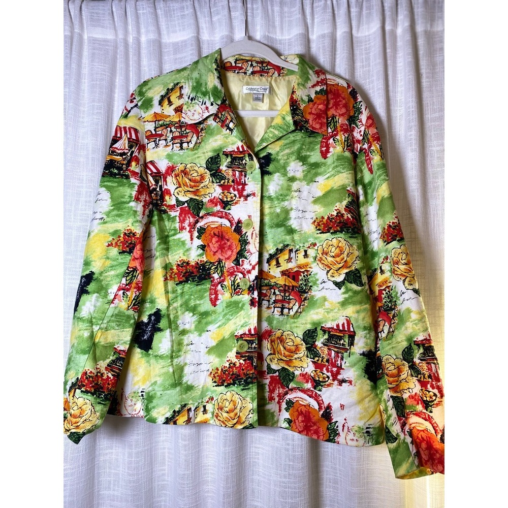 Coldwater Creek Linen Blend Blazer Jacket European Village Floral Print Women L
